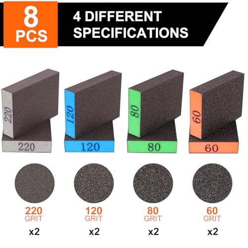 Romeda 8-Pack Sandpaper Block, Four Grits Per Pack 60/80/120/220, Washable and Reusable Handmade Sanding Sponge, Drywall Sandpaper Blocks for Wooden Drywall Sheetrock and Metal Glazing
