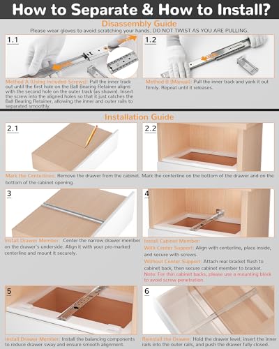 Chibery 6 Pack 14 Inch Center Mount Drawer Slides, Hidden Undermount, Heavy Duty Concealed Central Rails, 3/4 Extension, Bottom Glide Track Runners for Kitchen Cabinets, Chest of Drawers, Dressers