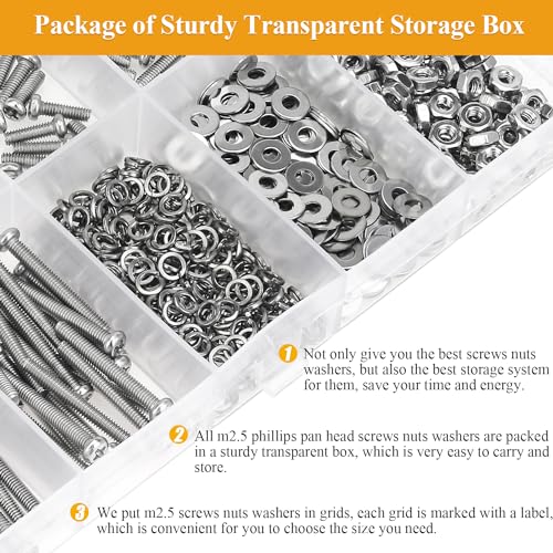 565 Pieces M2.5 Machine Screws Nuts Washers Set, Sutemribor M2.5 x 4/6/8/10/12/16/20mm Phillips Pan Head Machine Screws Nuts Washers Assortment Kit, 304 Stainless Steel, Fully Threaded - size: M2.5, style: Phillips Pan Head