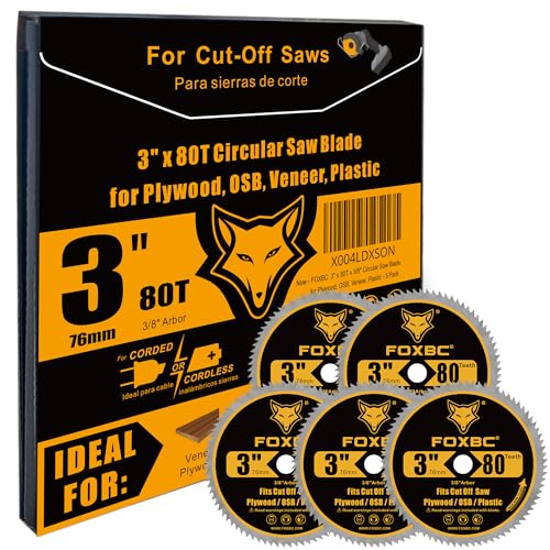 FOXBC 3 Inch 80T Circular Saw Blade Cutting for Plywood, OSB, Veneer, Plastic with 3/8" Arbor - 5 Pack