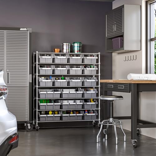 7-Tier NSF 21-Bin Steel Wire Shelving Rack, 48"W x 14"D x 56"H, Gray | 21 slide-out bins with tilt-lock design keep supplies organized, accessible - color: Gray, size: Includes 21 Bins