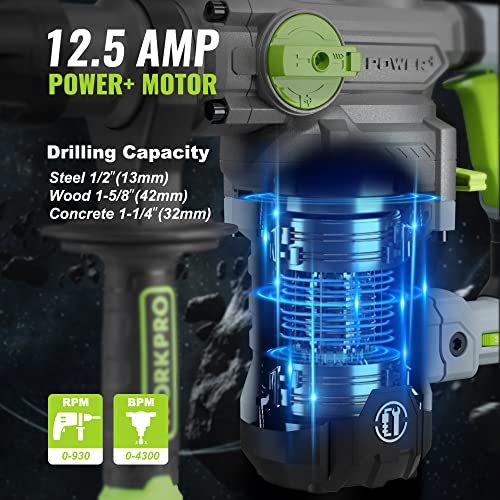 WORKPRO 1-1/4 Inch SDS-Plus Rotary Hammer Drill, 12.5AMP, Heavy Duty Corded Version for Concrete Demolition Chipping Rotomartillo, 5 SDS-Plus Bits - style: 12.5AMP