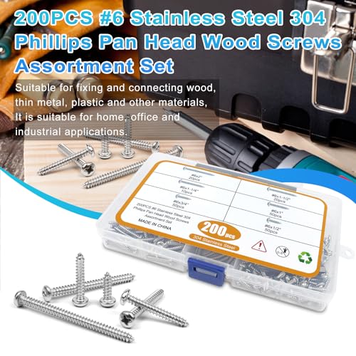 200PCS #6 Wood Screws Assortment Kit, 304 Stainless Steel Screws, Drive Sheet Metal Self Tapping Screws with Screwdriver Bit, 6 Sizes (2”,1-1/2”,1-1/4”,1”,3/4”,1/2”) - style: Silver #6 Pan Head Set 200PCS
