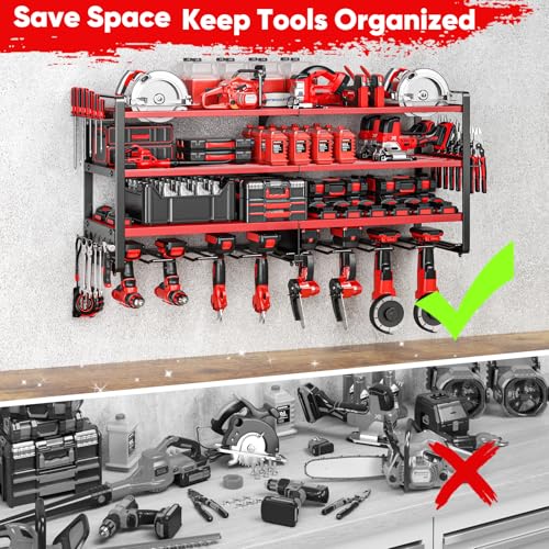 POKIPO Upgrade Large power tool organizer Wall Mount,4 Layers Heavy Duty Metal Loads 400lbs Power Tool Hanger Shelf Battery Storage with 8 Cordless Drill Bit Holder,Utility Racks for Garage Tool Room - color: Red