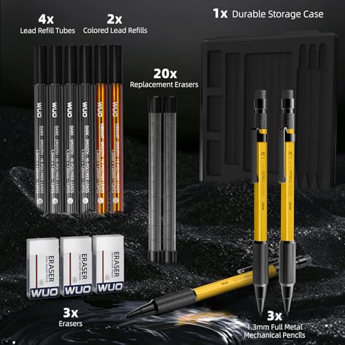 WUO 1.3mm Mechanical Pencil Set, 3 Pack Metal Mechanical Carpenter Pencils - color: Yellow