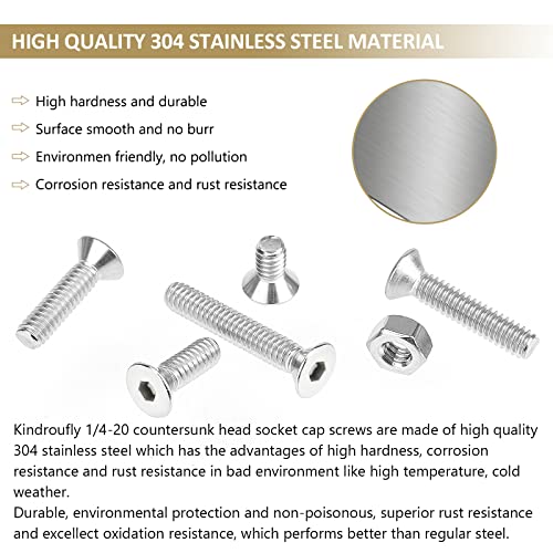 52 Pieces 1/4-20 x 1/2", 3/4", 1", 1-1/4", 1-1/2", Countersunk Head Socket Cap Screws Nuts Assortment Kit, 304 Stainless Steel, Fully Machine Thread - size: 1/4"-20, style: Countersunk Head