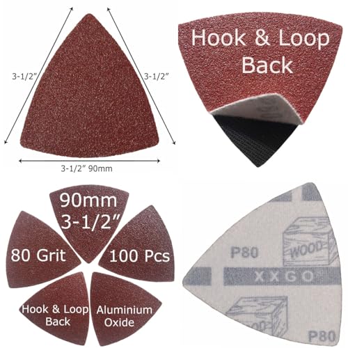 XXGO 100 Pcs 80 Grits 3-1/2 Inch 90mm Triangle Sanding Pads for Multitool | Strong Velcro , Hook & Loop Design , XXGO LOGO ,Triangular - size: 3-1/2 Inch 80 Grit - 100 Pcs