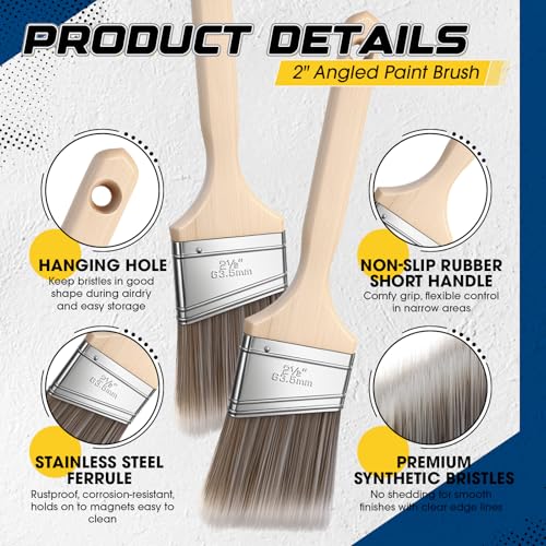 12 Pack Angle Sash Paint Brushes Treated Easy to Grip Wood Handle Synthetic Bristles Smooth Finishes Paint Brushes for Stain Wall Trim Painting Furniture (2.5 Inch) - size: 2.5 Inch