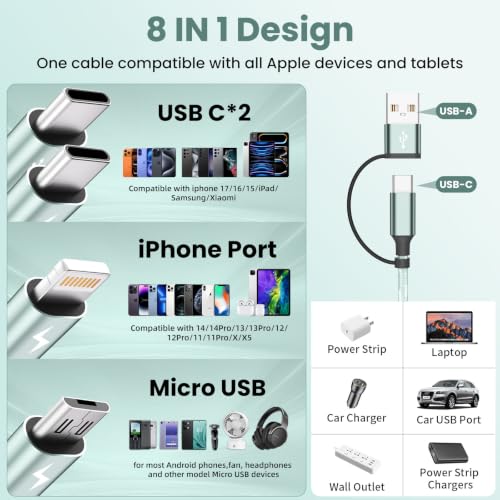4 in 2 Multi Charging Cable, USBA/C Universal Charging Cords 2 Pack 5FT - color: Mint Green &Sliver