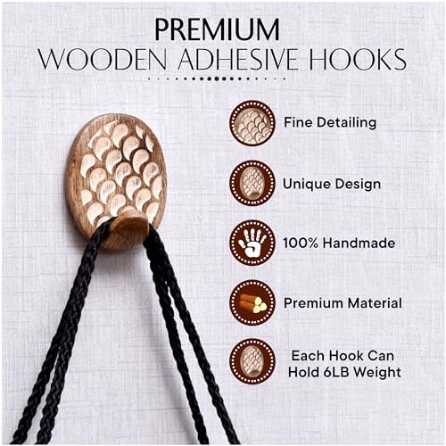 Indian Shelf 6 Piece Wooden Adhesive Wall Hooks for Keys, Bags and Hats - color: Brown Style 4