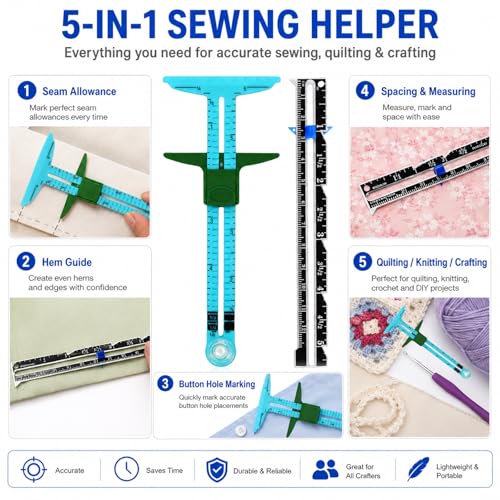 5 Piece Sewing Gauge Set, 5-in-1 Sliding Ruler & Seam Gauge, Blue - color: Blue