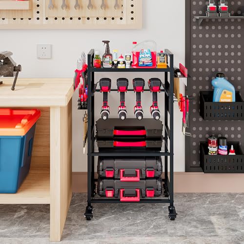 INGIORDAR Large Power Tool Organizer Storage Rolling Cart on Wheels,Black - size: 4 Tier (without Charging Station)