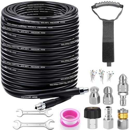 150FT Sewer Jetter Kit for Pressure Washer, 5800PSI Drain Cleaner Hose - color: Black -150FT hose