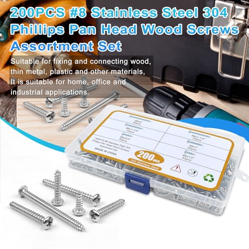 200PCS #8 Wood Screws Assortment Kit, 304 Stainless Steel Screws, Drive Sheet Metal Self Tapping Screws with Screwdriver Bit, 6 Sizes (2”,1-1/2”,1-1/4”,1”,3/4”,1/2”) - style: Silver #8 Pan Head Set 200PCS