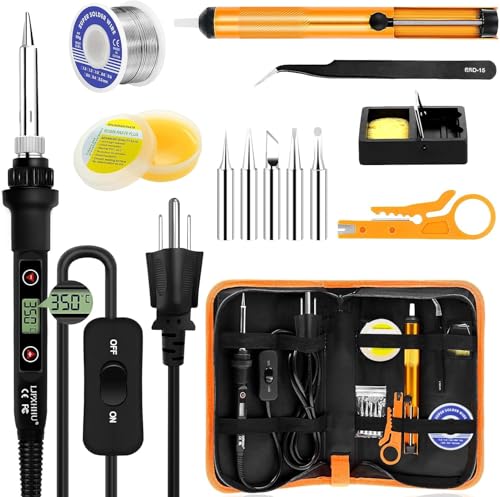 80W LCD Soldering Iron Kit Adjustable Temp 180-520℃ Precision Soldering Gun | 15s Fast Heating Electronics Soldering Kit with 50g Solder Wire, Flux, 5 Soldering Tips, Desoldering Pump, Stand, Tweezers