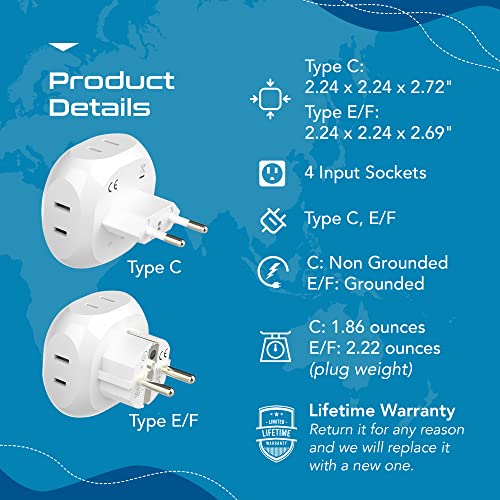 Ceptics Europe Travel Adapter Plug Set Schuko - 4 Input - Ultra Compact - Light Weight Type C, Type E/F - USA to Any Type C E/F Countries Such as Germany, France- 4 Pack (PT-9-9C-4PK),White - size: 4 Pack, style: Type C , E/F - European 2 pack set