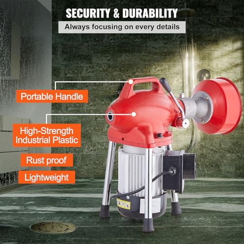 VEVOR Drain Cleaner Machine 120FT x 5/8 Inch, 370W Electric Sewer Snake Auger Manual Feed - with 2 Sectional Steel Cables(120' x 5/8" and 23' x 3/8"), 7 Cutters and CW/CCW Control for 1.6" to 4" Pipes - style: 120Ft x 5/8Inch & 7 Cutters