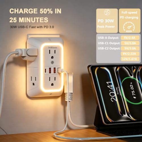 Multi Plug Outlet Surge Protector, 6 Outlet Extender and 4 USB with PD30W USB-C Fast Charging, 3-Sided 1050J Surge Protector Power Strip with Night Light for Home Travel Office-ETL - color: White-30W-1Pcs