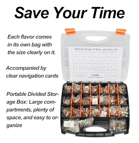 891Pcs Grade 8 Bolts and Nuts Kit, SAE Bolt Assortment Kit - size: 1/4-20, 5/16-18, 3/8-16, 1/2-13