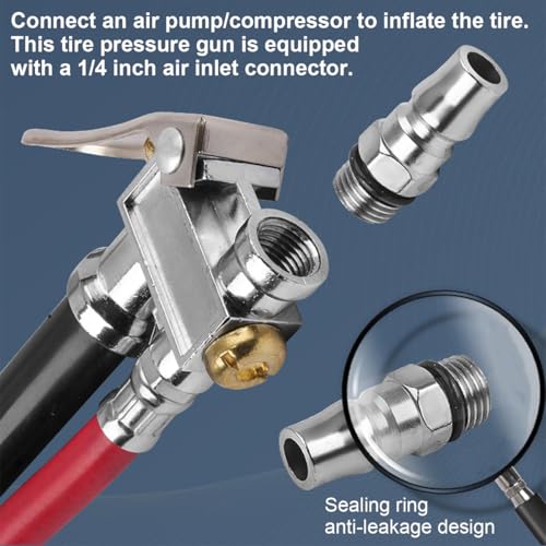 17PCS 0-200 PSI Tire Inflator Gauge, 1/4 Inch NPT, Red - color: Red