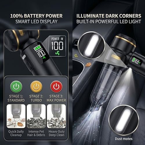Handheld Car Vacuum Cleaner, 17000Pa High Power Cordless Vacuum Cleaner, 4-in-1 Portable Mini Air Duster, with LED Light and Multi-Nozzles, Vacuum for Car, Home, Office, Pet Hair