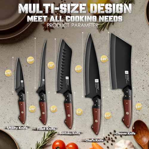 TIVOLI Kitchen Knife Set 5pcs - Chef Knife Set with Full Tang Wooden Handle - size: 8.1