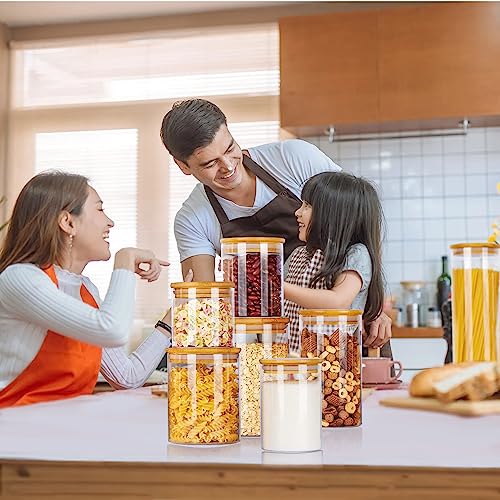 Vtopmart Glass Food Storage Jars, 7 Pack Kitchen Containers with Airtight Bamboo Wooden Lids for Pasta, Cookies, Nuts, Coffee Beans, Cereal, Canisters Set for Flour, Pantry Organization, BPA Free - size: 7 Pack (15 oz - 74 oz)