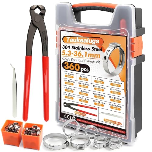 360Pcs Single Ear Hose Clamps Kit,Stepless 5.3-36.1mm 304 Stainless Steel Hose Repair Clamp Cinch Rings,Ear Clamp Pliers Tool with Portable Toolbox for Automotive Fuel Line Plumbing PEX DIY - size: 360 PCS 16 Size