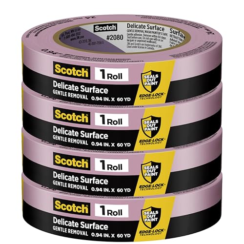 3M ScotchBlue 2080 Delicate Surface Painter’s Tape, 1" x 60 Yds (Pack of 4) - Edge-Lock Technology for Sharp Lines, 60-Day Clean Removal, Gentle Blue Masking Tape for Walls & Trim, No Residue