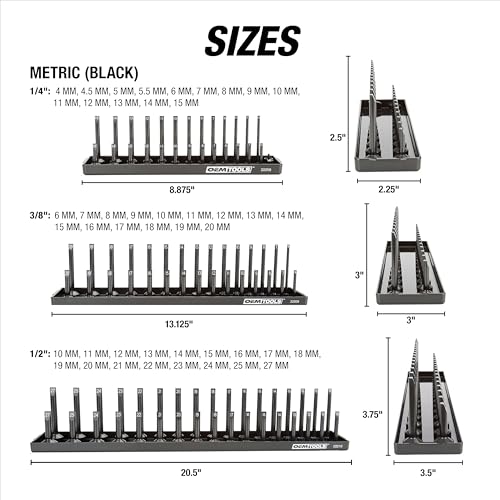 OEMTOOLS 22211 3-Pc Socket Organizer (Metric), Socket Holder for Organizing 1/4", 3/8", and 1/2" Sockets, Labeled Posts, Secure Fit, Sizes 4 mm to 27 mm - size: 1/4", 3/8", 1/2" (3-Piece)