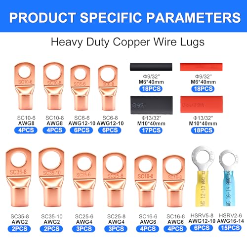 130Pcs Copper Wire Lugs Kit, Battery Terminal Connectors AWG 2 4 6 8 10 12 14 16 Gauge Heavy Duty Battery Cable Ends Ring Terminal Wire Connectors Kit with Heat Shrink Tubing - size: 130Pcs
