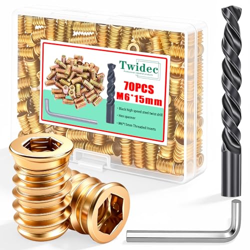 Twidec/70PCS M6 Threaded Inserts for Wood Furniture Screw-in Nut Wood Inserts Bolt Assortment Kit with M6 Hex Wrench and Drill Bit(M6X15mm) - size: M6x15mm