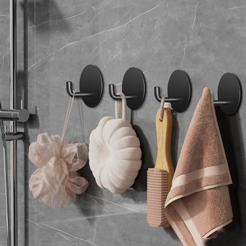 Adhesive Hooks for Bathrooms, 4 Piece Towel Hooks for Hanging Hat Robe Coat, Stick on Hooks for Kitchens, Strong Self-Adhesive No Damage Waterproof Stainless Steel Sticky Hook (Black) - color: Round-A-Black