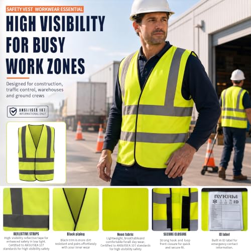 AYKRM 12 colour High visibility viz vest hi vis viz reflective work construction safety vest (XS-8XL) - color: Yellow, size: Medium