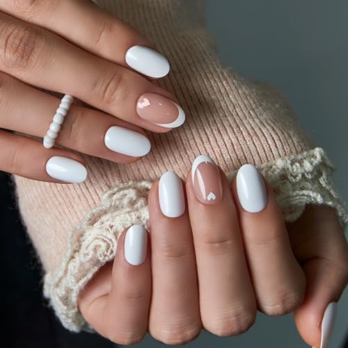 CurvLife Short Oval Press On Nails, Heart Kiss White, Soft Gel - color: C5 - French white