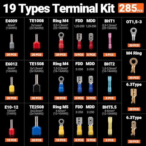 Preciva Crimping Tool Kit with 6PCS Crimping Die, Wire Stripper, 285PCS Terminals, for Heat Shrink, Insulated, Open Barrel, Ferrule, Circlip & Solar Connectors - size: 285