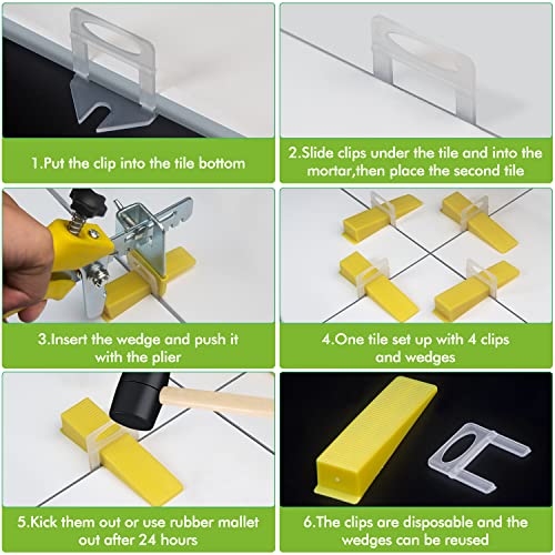Tile Leveling System 1/8”Kit, 600pcs Tile Leveler Spacers Clips+200pcs Reusable Wedges+1pc Tile Pliers for Wall/Floor Tile Adjustment, Tile Leveler Tool Set for Tile & Stone Installation(1/8",Yellow) - size: 1/8"