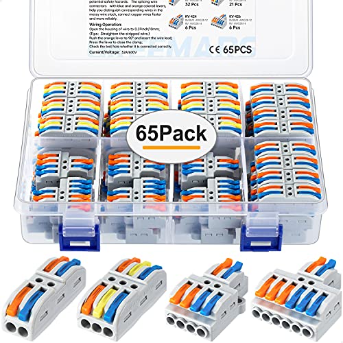 65 Pcs Compact Wire Splicing Connectors Assortment Pack, Multi-Conductor Lever Quick Wiring Terminals AWG 28-12