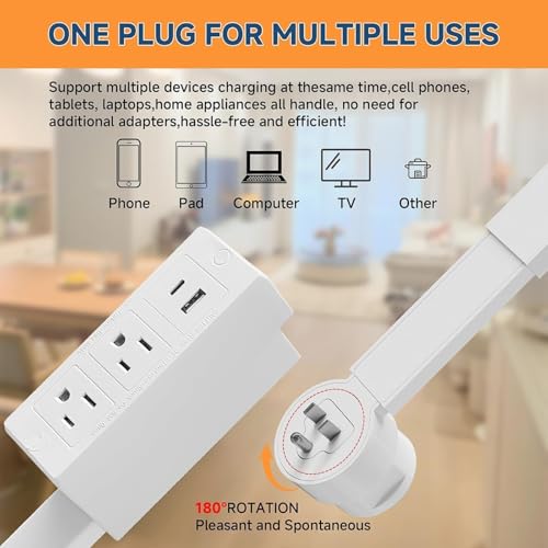 Outlet Extender, 180° Rotating & Extendable Plug Splitter, 2 AC Outlets, USB-A & USB-C Fast Charging, Surge Protector, No-Drill for Hard-to-Reach Areas Behind Couch & Desk