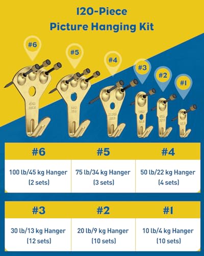 Uniclife 120 Pcs Picture Hanging Kit, 10 lb, 20 lb, 30 lb, 50 lb, 75 lb, 100 lb Heavy Duty Picture Hangers for Drywall & Wood, Picture Hanging Hooks, Frame Hooks for Hanging Photos Mirrors Paintings - size: 120 Pcs, style: Gold