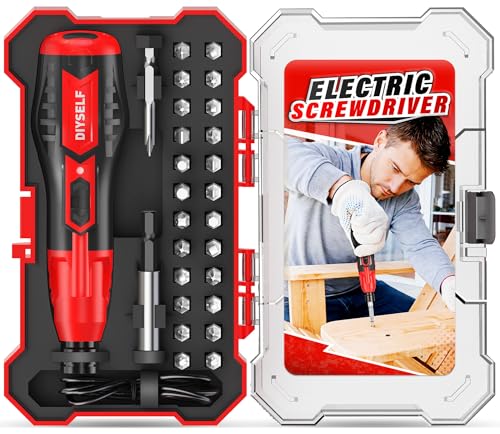 DIYSELF Electric Screwdriver, Cordless Power Screwdriver Set, 28-Piece, Red - color: Red