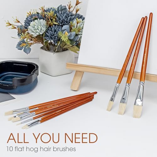 DUGATO Hog Hair Flat Paint Brush Set, 10-Piece Short Handle Brushes - color: Brown - 10pcs Flat