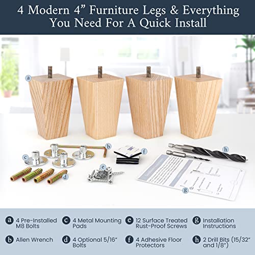 Airy Abode Premium Ash Wood Square Furniture Legs (Full Install Kit) - Pick Your Size and Color - color: Natural Ash Wood, size: 4 Inches