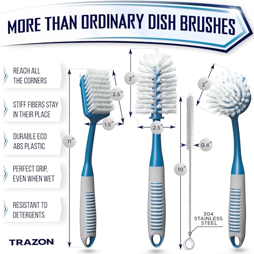 Dish Brush Set of 4 - Kitchen Scrub Brushes with Non-Slip Long Handle for Cleaning, Scrubber, Dishwashing, Dishes, Bottles, Straws, Cups, Pots & Sink, Blue - color: Blue