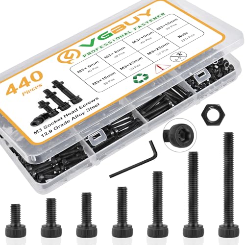 VGBUY 440Pcs M3 Screws Kit for 3D Printer DIY,220Pcs M3 Screw (6-25mm),220Pcs m3 Nut,Hex Socket Head Cap Small Metric Bolts Nuts Assortment,12.9 Grade Alloy Steel,Black Oxide, 6/8/10/12/16/20/25mm - size: M3x6/8/10/12/16/20/25mm, style: Socket Head