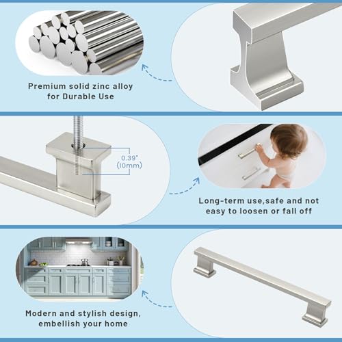 KNOBWELL 6 Pack Brushed Nickel Solid Cabinet Pulls 6-3/10 Inch(160mm) Hole Center Kitchen Cabinet Handles,Cabinet Hardware for Cupboard Drawer Pulls - color: Brushed Nickel, size: Hole Center：6-3/10 inch（160mm）