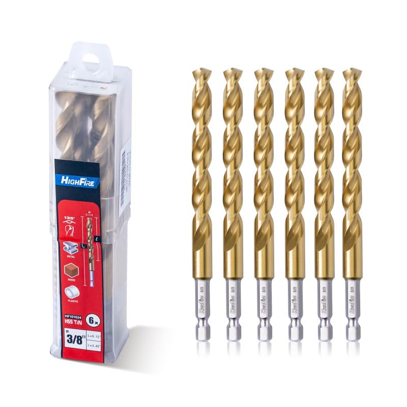 Highfire 6 PCS 3/8 Inch 135 Degrees Split Point Hex Shank Drill Bits, TiN Coated High Speed Steel, Ideal for Steel, Aluminum & More - size: 3/8"(6pcs)