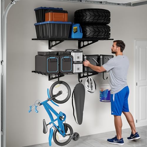 FLEXIMOUNTS 2-Pack 2x4ft Garage Shelving with Hooks, 600lbs Load, Black - color: Black, size: 2 pack-2x4 ft w/hooks