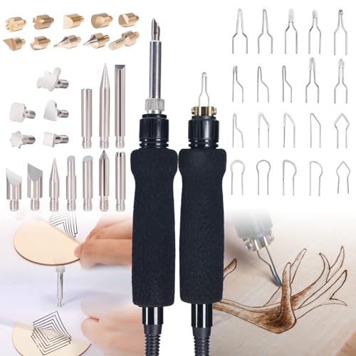 YIHUA 939D-II Pyrography Pen Wood Burning Kit Station 2-in-1 Solid-Point 200~480°C (with Temp Display)/Wire-Nib 250~750°C with 20 Nibs, Solid Points, 1 Stable Pen Holder, 2 Scrap Wood (Blue) - color: Blue
