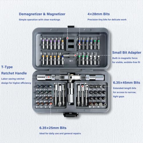 66 in 1 Magnetic Ratchet Screwdriver Set, T Handle Ratchet Screwdriver Kits with S2 Steel Bits for Home Daily Repair, Furniture Assembly, Precision Electrical Appliance Repair - color: Grey